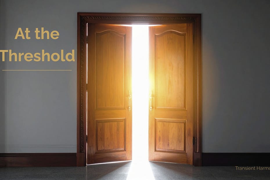 Open wooden doors with soft light shining through, symbolizing a quiet threshold between endings and beginnings.