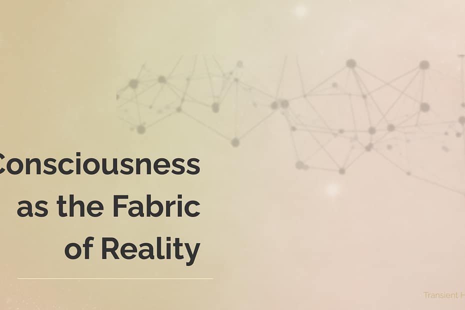 Abstract geometric network on a soft gold gradient background with the title ‘Consciousness as the Fabric of Reality.