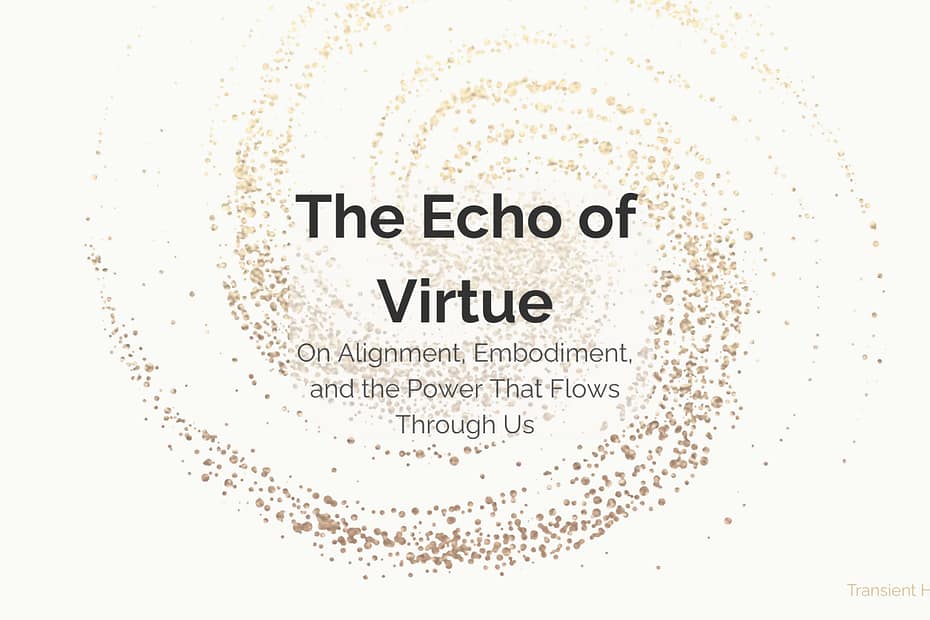 Golden spiral of scattered light particles on a soft cream background, symbolizing virtue emerging from inner alignment.