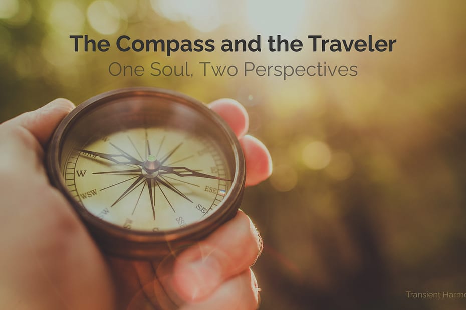 A hand holding a compass in warm golden sunlight with a softly blurred background.