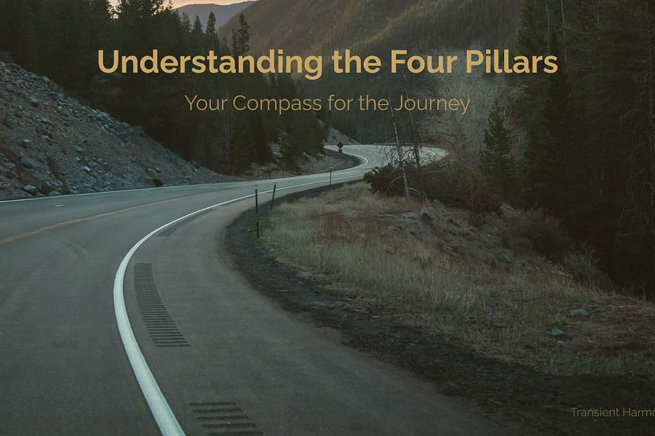 A winding mountain road curving into the distance at dusk, with text overlay reading "Understanding the Four Pillars: Your Compass for the Journey" — a Transient Harmony reflection by Braddon Damien White