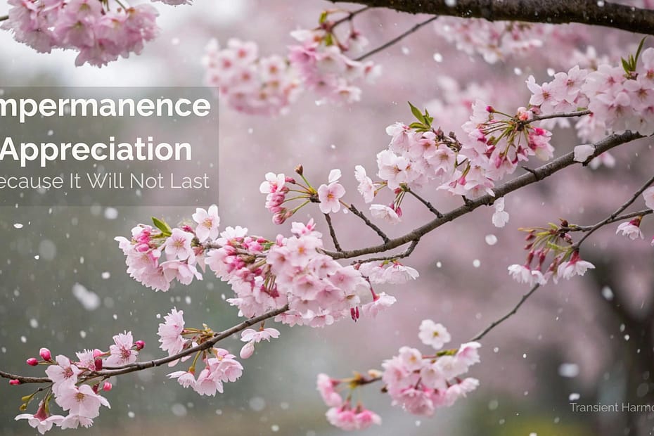 Cherry blossom branches in full bloom with petals falling against a soft grey sky, overlaid with the text "Because It Will Not Last" — a Transient Harmony reflection by Braddon Damien White on Impermanence Appreciation