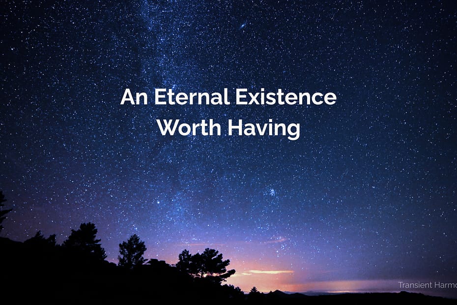 A vast starfield with the Milky Way arching overhead and silhouetted trees against a warm horizon glow, with the title An Eternal Existence Worth Having by Braddon Damien White
