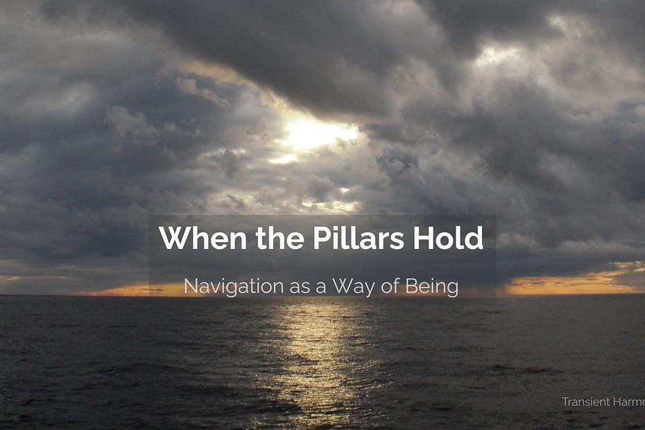 Storm clouds breaking over open water at dusk with warm golden light glowing at the horizon, overlaid with the text "When the Pillars Hold: Navigation as a Way of Being" — a Transient Harmony reflection by Braddon Damien White