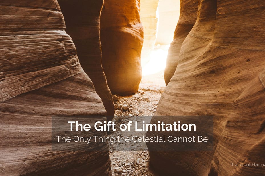 A narrow slot canyon with towering sandstone walls opening to brilliant golden light ahead — The Gift of Limitation — Braddon Damien White — Transient Harmony