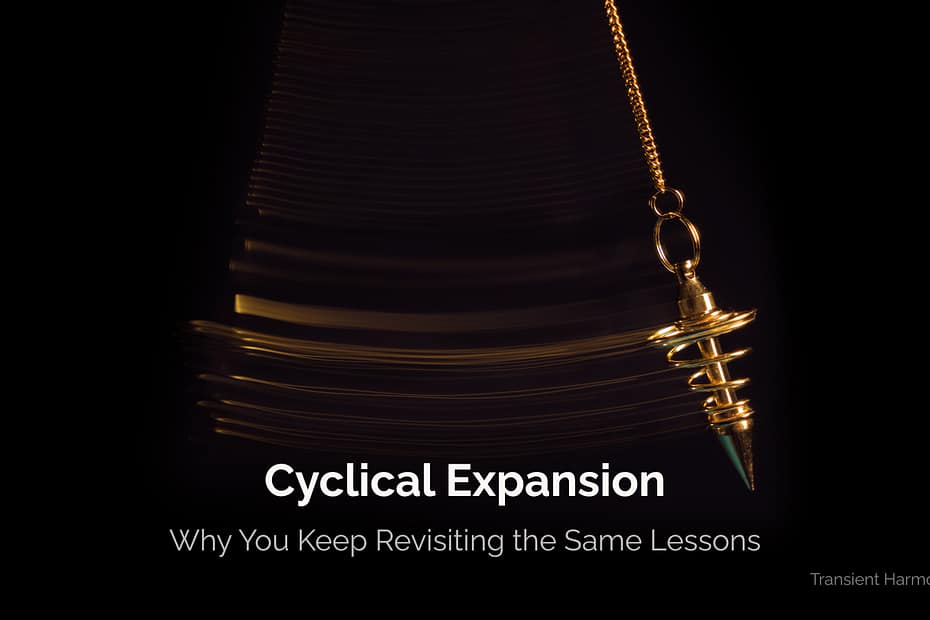 A gold pendulum swinging in a long-exposure arc against a black background, its weight wrapped in a small spiral coil — featured image for "Cyclical Expansion: Why You Keep Revisiting the Same Lessons" by Braddon Damien White