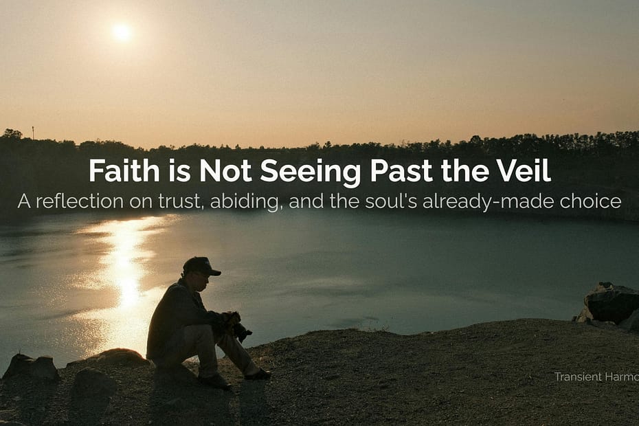 A man sits alone at the edge of a still lake at dusk, camera in hand, watching the sunset reflect on the water — featured image for "Faith Is Not Seeing Past the Veil" by Braddon Damien White.