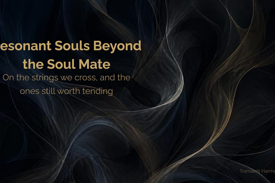 Dark abstract image of intertwined gold and pale threads swirling against black, with the text "Resonant Souls Beyond the Soul Mate" — featured image for the Transient Harmony reflection by Braddon Damien White.