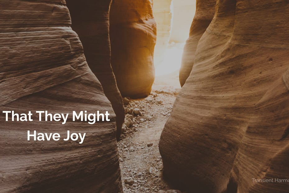 A narrow desert slot canyon opens toward bright light in the distance — featured image for "That They Might Have Joy" by Braddon Damien White.